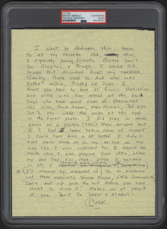 Mickey Mantle "Don‚t Do Alcohol and Drugs" Handwritten Dedication Letter (PSA)