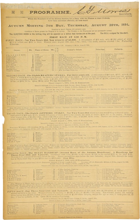 The Coney Island Jockey Club‚s Program Featuring Hall of Fame Racehorse, Domino, In 1894