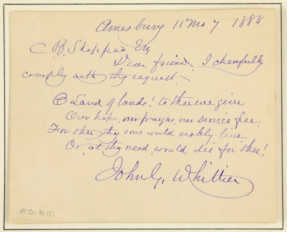 Poet John Greenleaf Whittier, Autograph & Handwritten Stanza from One of His Most Famous Poems