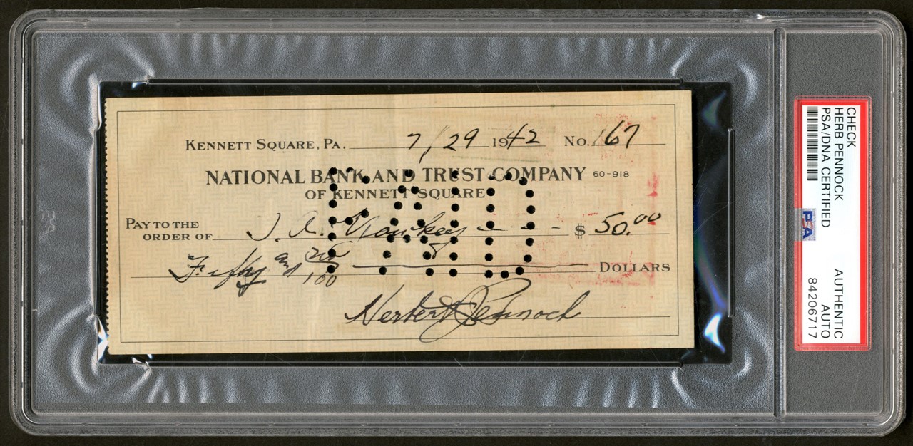 - 1942 Herb Pennock Signed Bank Check Made Out to Tom Yawkey (PSA)