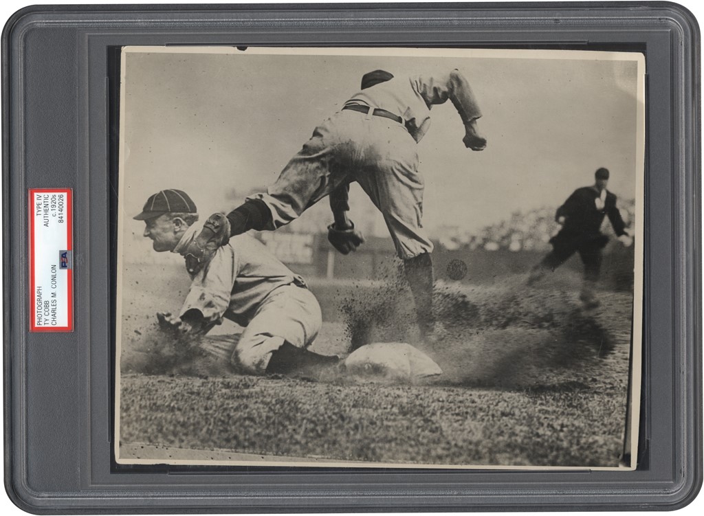 Vintage Sports Photographs - Ty Cobb Sliding Photograph by Charles Conlon w/His Handwriting on Verso PSA