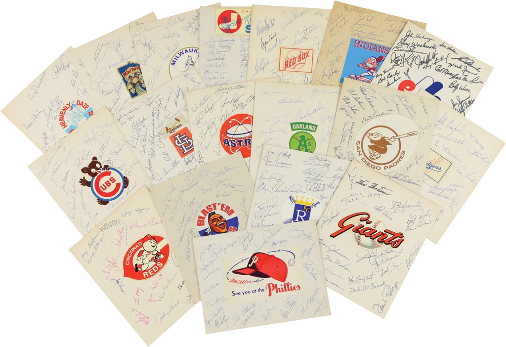 Baseball Autographs - Unusual 1970 MLB Baseball Team Signed Sheets w/23 of 24 Teams - Including Clemente & Munson