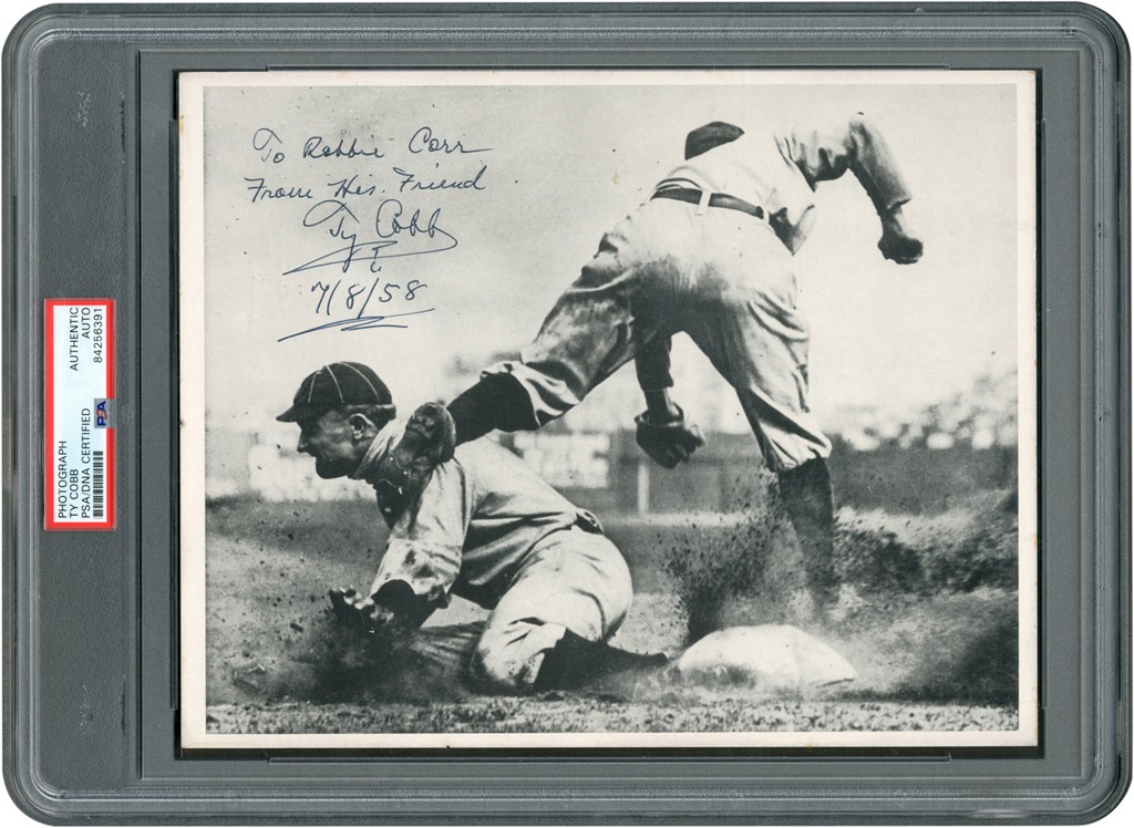 1958 Ty Cobb Signed Sliding Into Third Photograph (PSA)