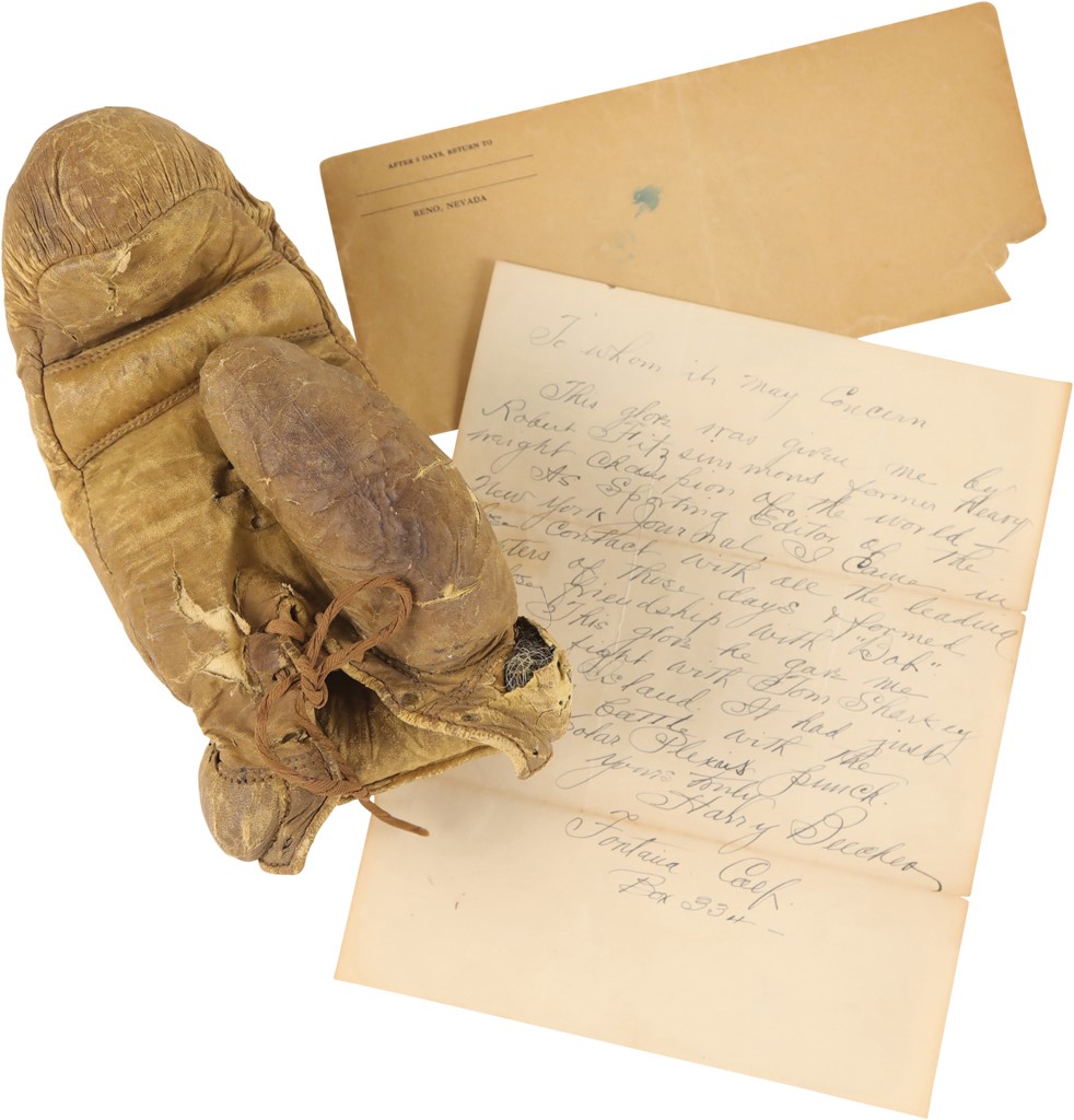 - 1900 Bob Fitzsimmons Fight Worn Glove from Tom Sharkey Bout (Harry Beecher Letter of Provenance)