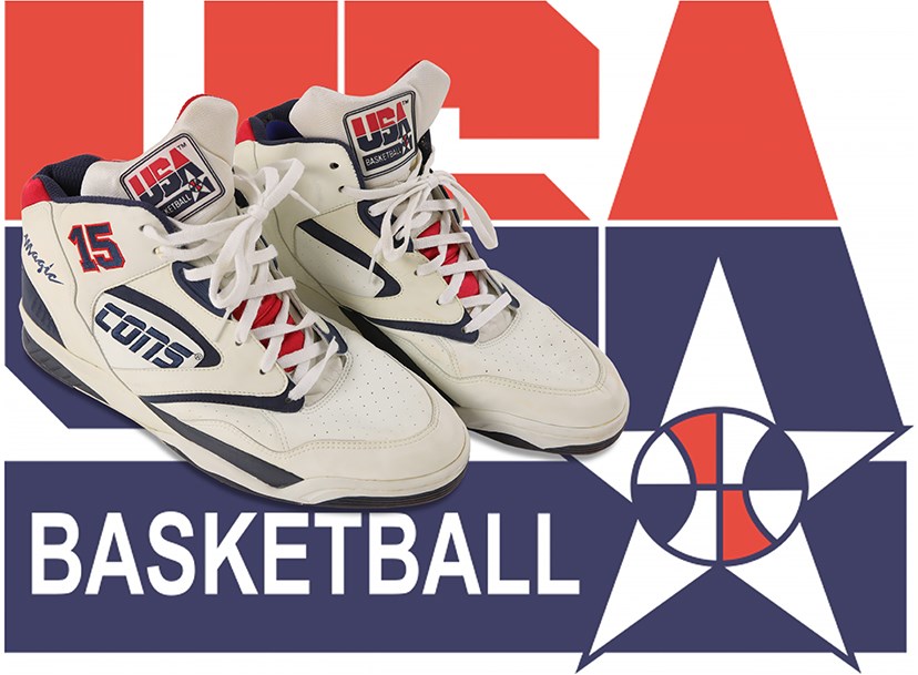 1992 Dream Team Magic Johnson "Gold Medal" Signed Game Worn Sneakers - Gifted to Dream Team Staffer (Photo-Matched)