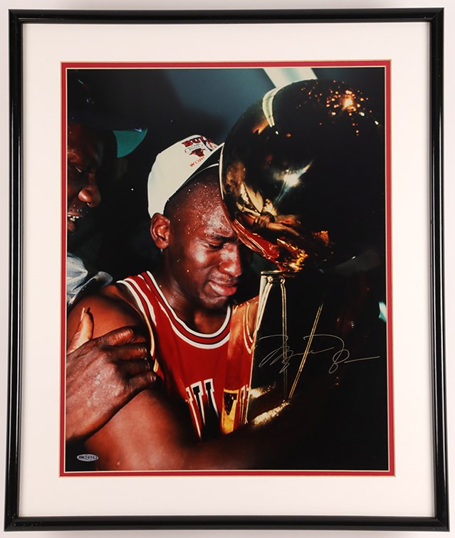 Michael Jordan Signed 1991 NBA Finals Crying with Trophy Photograph (UDA)