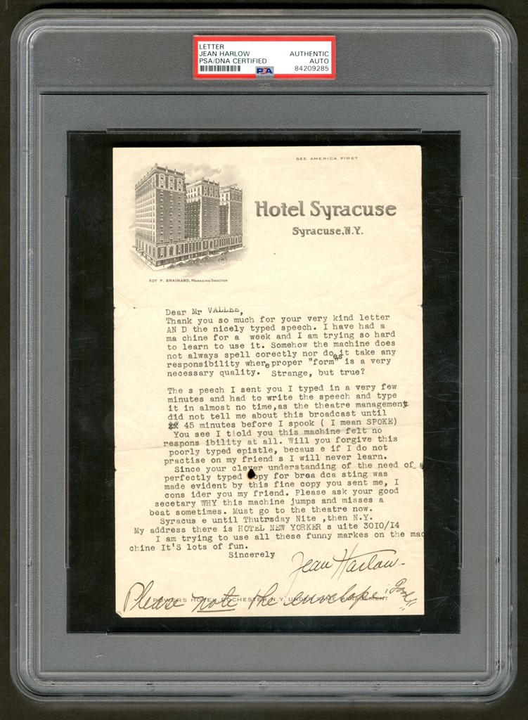 Rock And Pop Culture - Jean Harlow Signed Typed Letter (PSA)